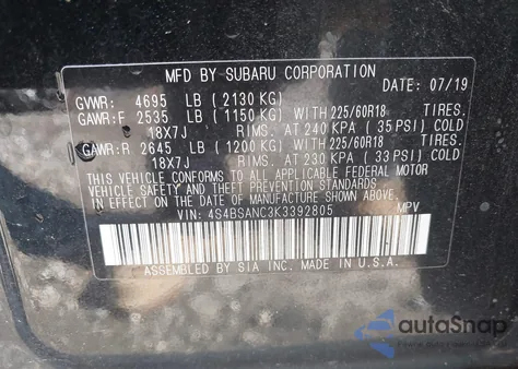 2019 Subaru Outback 2.5I Limited from USA, damaged, VIN 4S4BSANC3K3392805